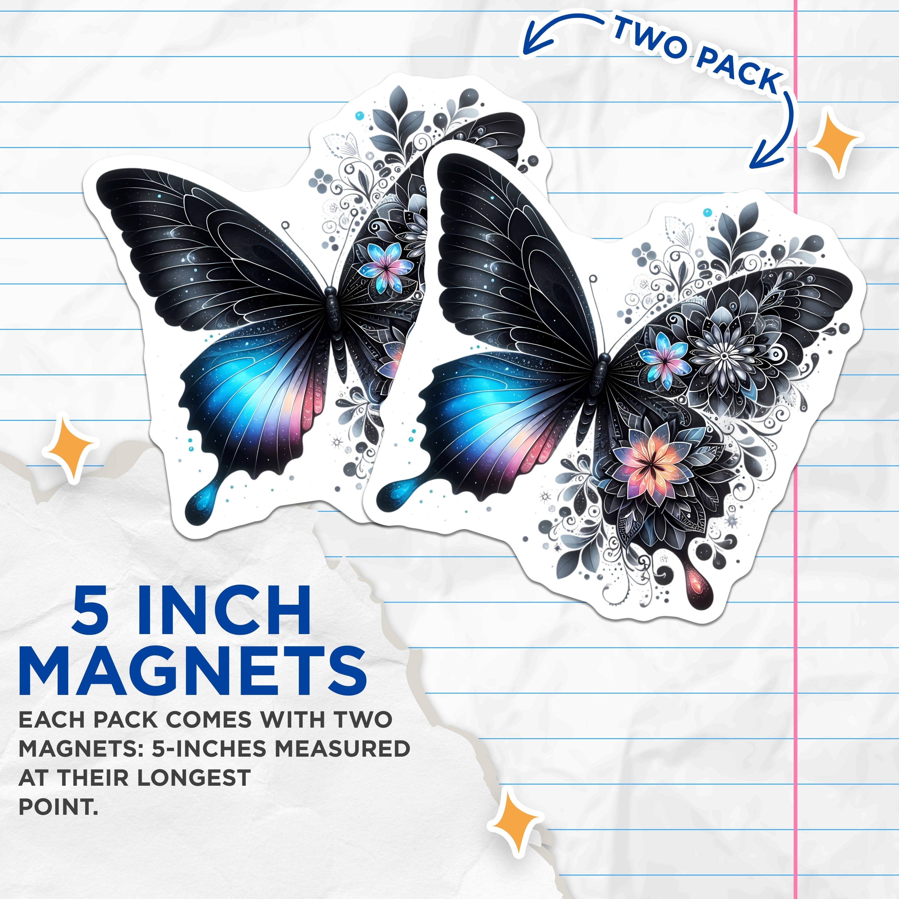 (2 Pack) Cosmic Butterfly Magnets - Ornate Floral Art - Celestial Aesthetic Home Decor - 5 Inches On Longest Side - Thick Durable Magnet - Made in USA - MAG38363