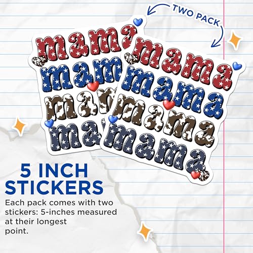 (2 Pack) Mama Stars and Stripes Stickers - Patriotic Mama Decals - USA Themed Mama - 5" On Longest Side - Sticks to Smooth Flat Surfaces - Made in USA - BMCS7440