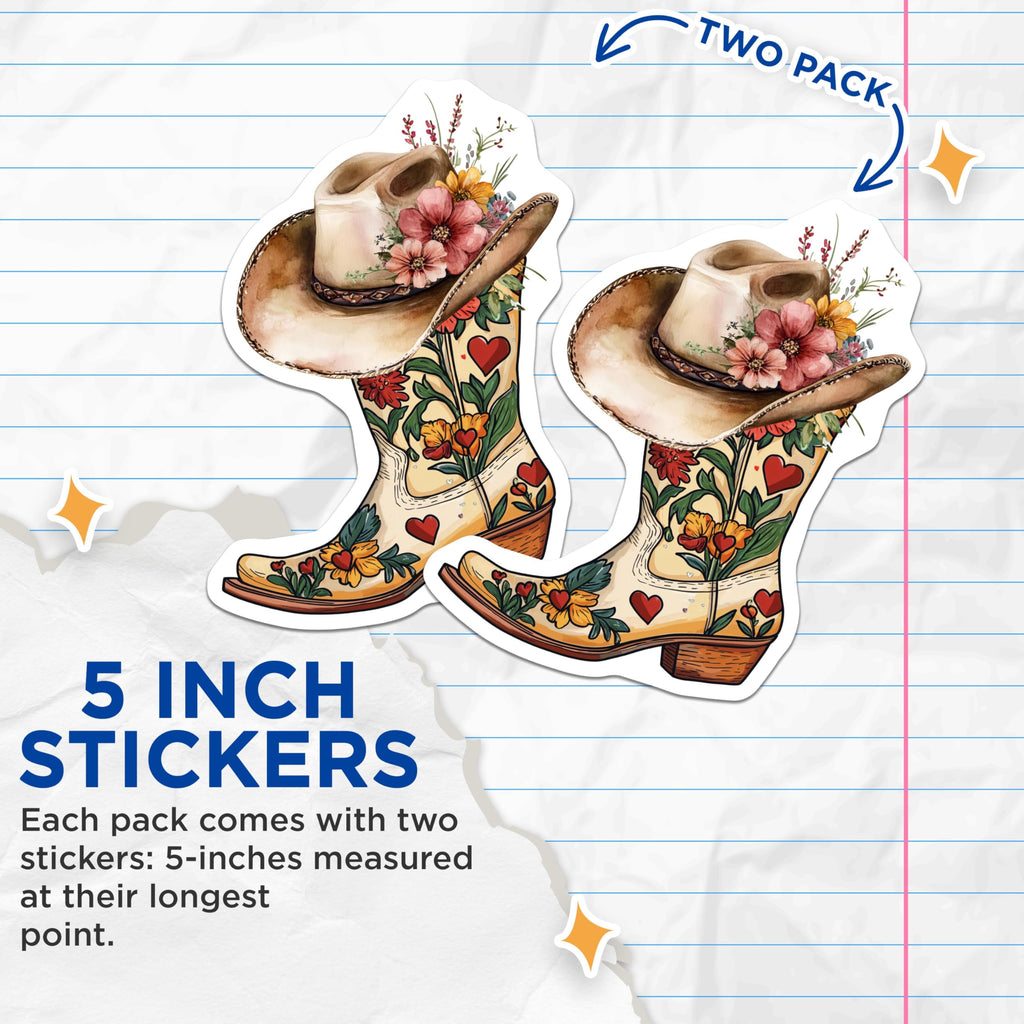 (2 Pack) Western Boot Flower Stickers - Floral Cowboy Boot Stickers - Country Theme - 5" On Longest Side - Sticks to Smooth Flat Surfaces - Made in USA - BMCS5677