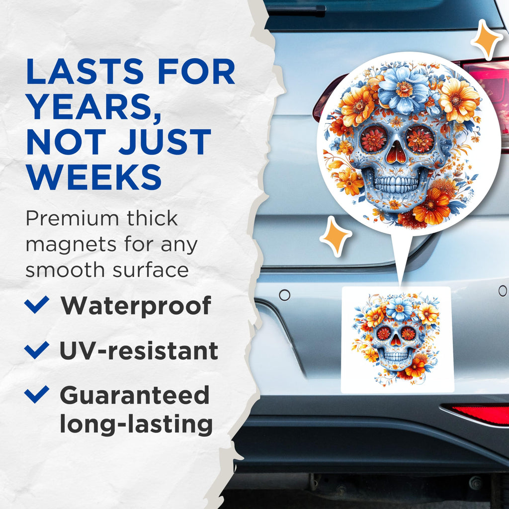 (2 Pack) Dia de Los Muertos Magnets - Floral Sugar Skull Art - Vibrant Calavera Decor Kitchen Office Locker - 5 Inches On Longest Side - Thick Durable Magnet - Made in USA - MAG29988