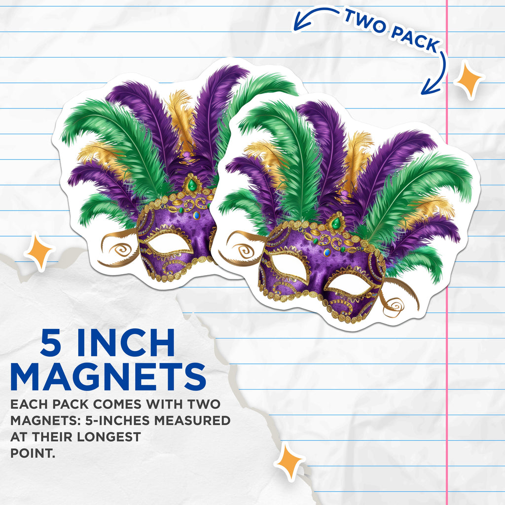 (2 Pack) Mardi Gras Mask Magnets - Carnival Party Decor - New Orleans Celebration - 5 Inches On Longest Side - Thick Durable Magnet - Made in USA - MAG37708