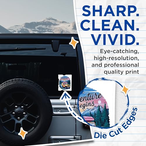 (2 Pack) Adventure Begins Stickers - Outdoor Journey Stickers - Vintage Travel Car Stickers - 5" On Longest Side - Sticks to Smooth Flat Surfaces - Made in USA - BMCS4060