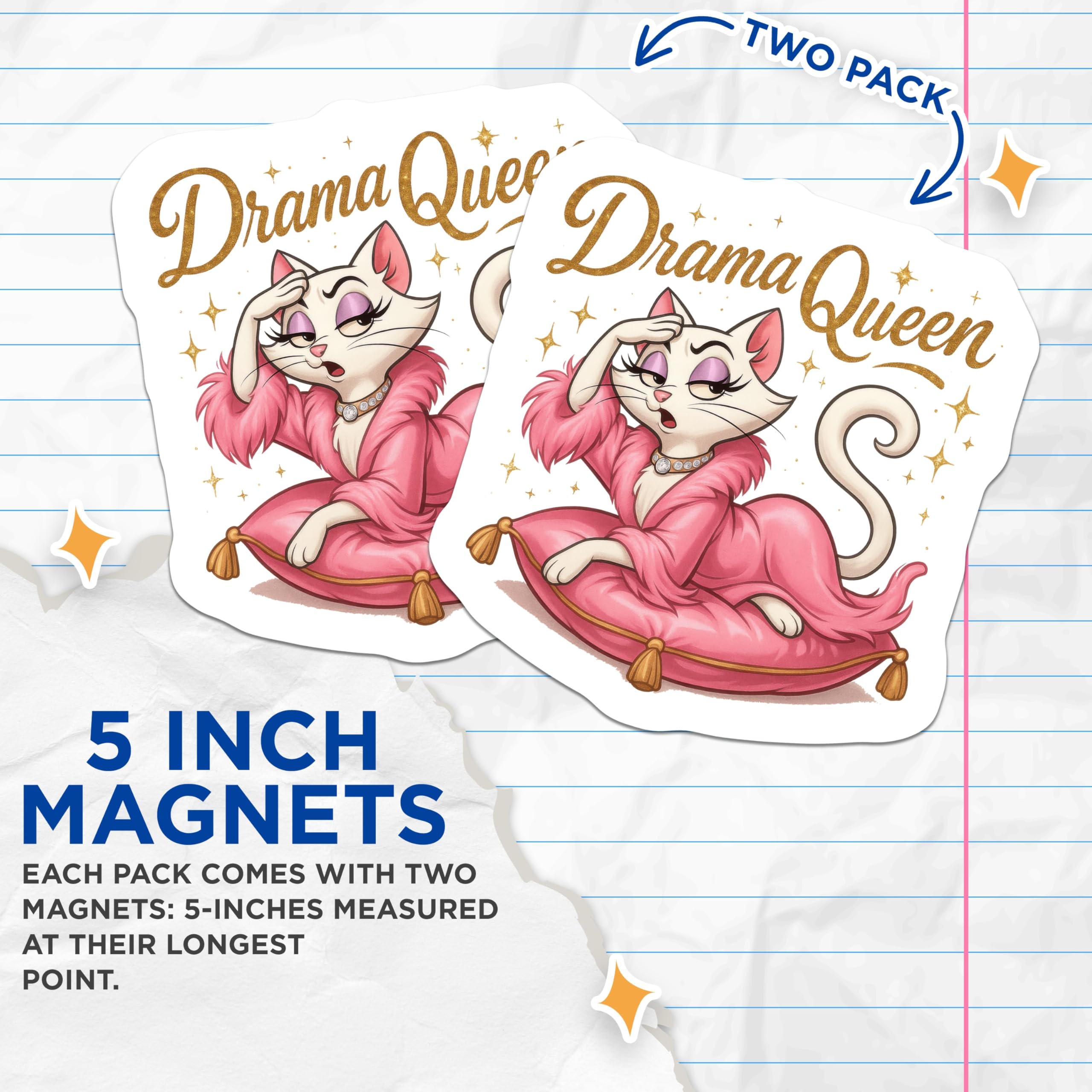 (2 Pack) Drama Queen Cat Magnets - Sassy Feline Fridge Decor - Funny Diva Refrigerator Art - 5 Inches On Longest Side - Thick Durable Magnet - Made in USA - MAG22294