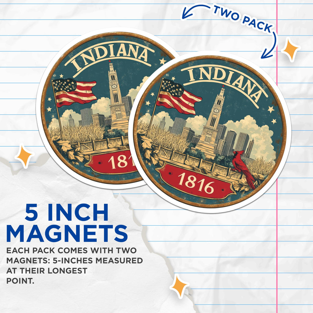 (2 Pack) Indiana State Magnets - Indianapolis Skyline - Cardinal Bird Souvenir - 5" On Longest Side - Premium Magnet - for Cars, Refrigerators, Toolboxes, Lockers - Made in USA - MAG16138