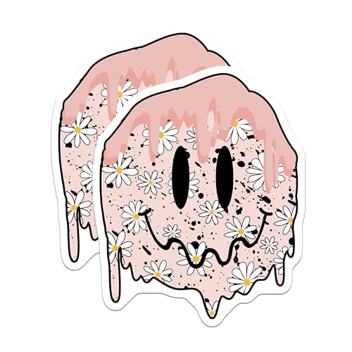 (2 Pack) Cute Melting Face Stickers - Daisy Flower Stickers - Cute Aesthetic Stickers - 5" On Longest Side - Sticks to Smooth Flat Surfaces - Made in USA - BMCS6239