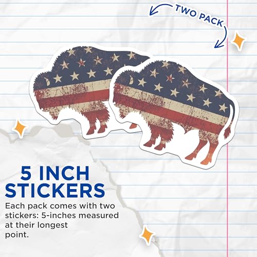(2 Pack) Buffalo Bison Patriotic Stickers - American Flag Sticker - Animal Silhouette Decal - 5" On Longest Side - Sticks to Smooth Flat Surfaces - Made in USA - BMCS9564
