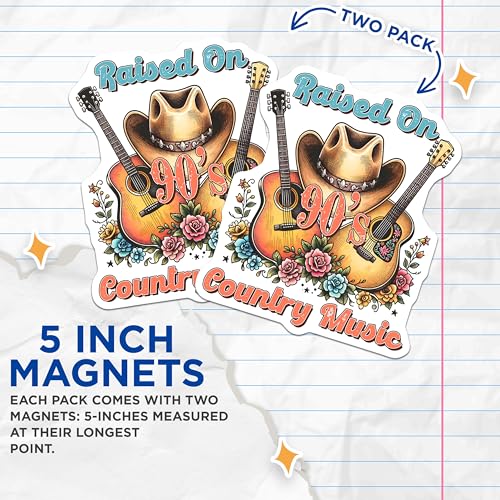 (2 Pack) Raised On 90's Country Music Magnets - Vintage Country Theme - Western Cowboy Hat Guitar - 5" On Longest Side - for Cars, Refrigerators, Toolboxes, Lockers - Made in USA BMCS3151
