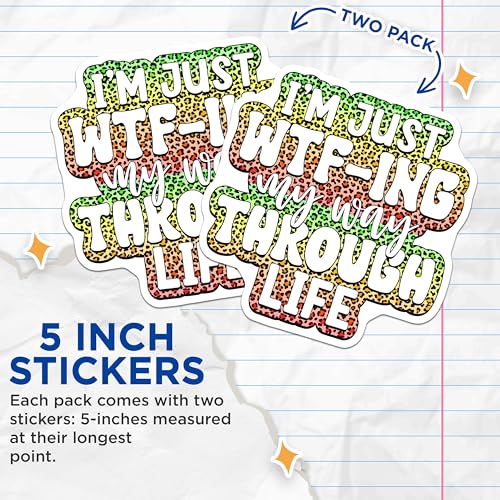 (2 Pack) WTF-ing My Way Through Life Stickers - Funny Quote Stickers - Rainbow Leopard Print Stickers - 5" On Longest Side - Sticks to Smooth Flat Surfaces - Made in USA - BMCS4105