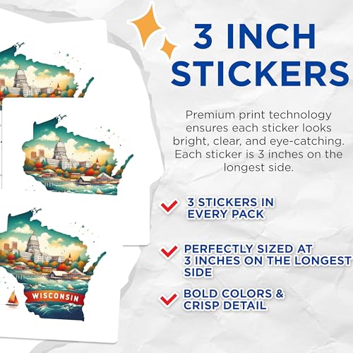 (3 Pack) Wisconsin Decals - Wisconsin State Art - Travel Decal - 3 Inches On Longest Side - Easy Peel & Apply - Made in USA - 3MCS4331