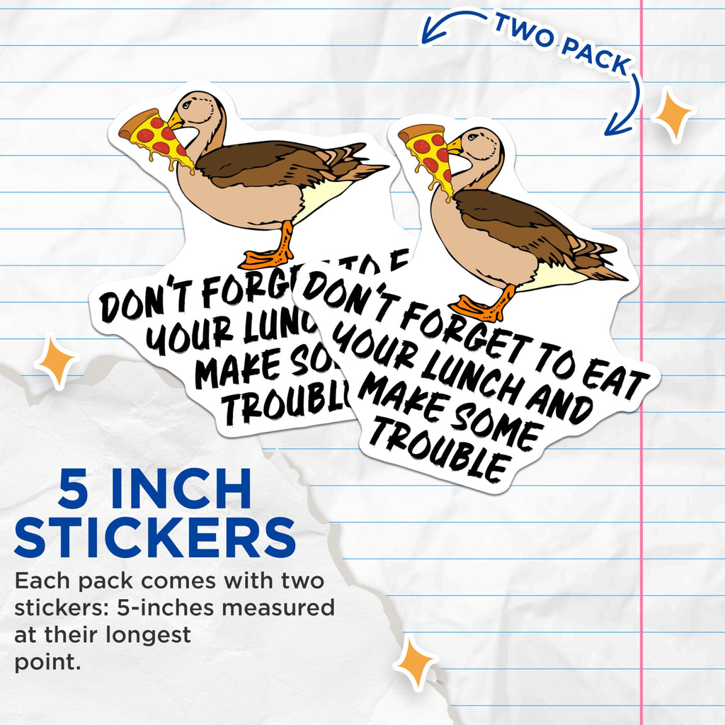 (2 Pack) Funny Duck Eating Pizza Stickers - Motivational - Cute Animal - 5" On Longest Side - Sticks to Smooth Flat Surfaces - Made in USA - BMCS5731