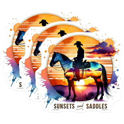 (3 Pack) Cowboy Sunset Decals - Horse Riding Western - Sunset and Saddles Decal- 3 Inches On Longest Side - Easy Peel & Apply - Made in USA - 3MCS5889