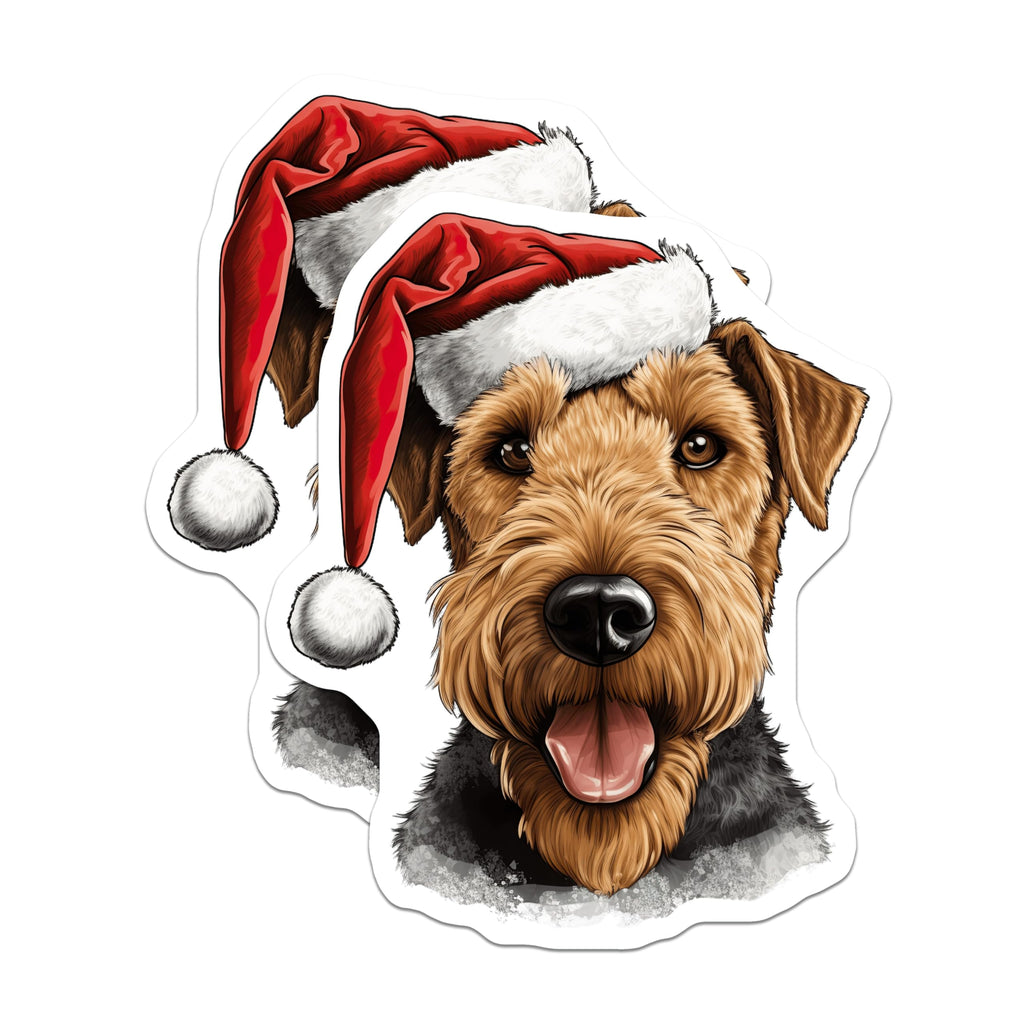 (2 Pack) Airedale Terrier Magnets - Festive Christmas Dog Decor - Santa Hat Dog Art - Holiday Kitchen Refrigerator Magnets - 5 Inches On Longest Side - Thick Durable Magnet - Made in USA - MAG24043