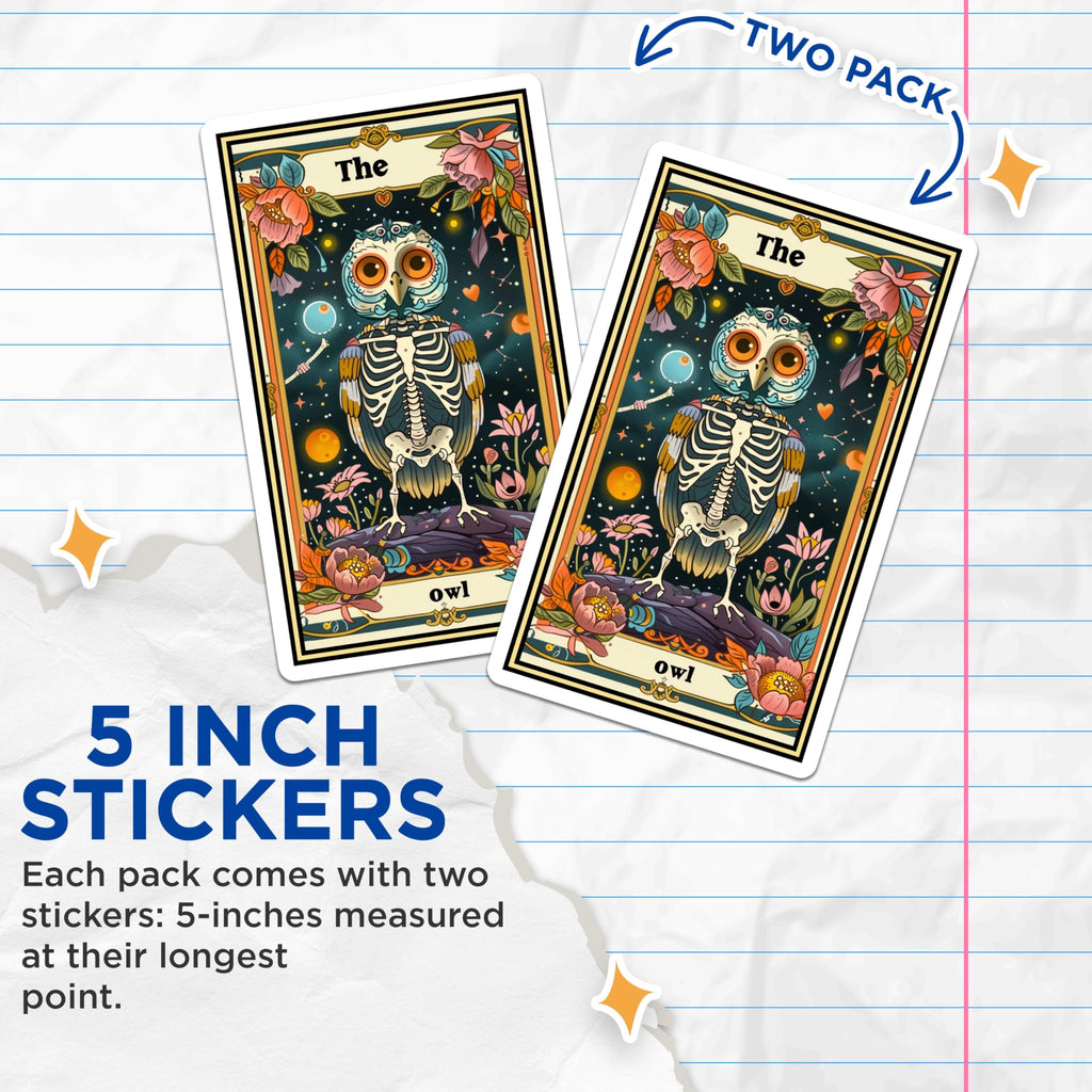 (2 Pack) Skeleton Owl Stickers - Flower Moon Stickers - Tarot Card Stickers - 5" On Longest Side - Sticks to Smooth Flat Surfaces - Made in USA - BMCS3634