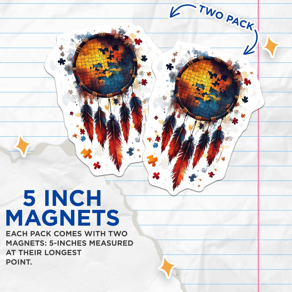 (2 Pack) Autism Awareness Magnets - Puzzle Piece Dreamcatcher Decor - Neurodiversity Support Art - 5 Inches On Longest Side - Thick Durable Magnet - Made in USA - MAG25892