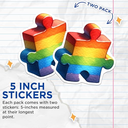 (2 Pack) Rainbow Puzzle Piece Stickers - Autism Awareness - Colorful Pride Puzzle - 5" On Longest Side - Sticks to Smooth Flat Surfaces - Made in USA - BMCS6507