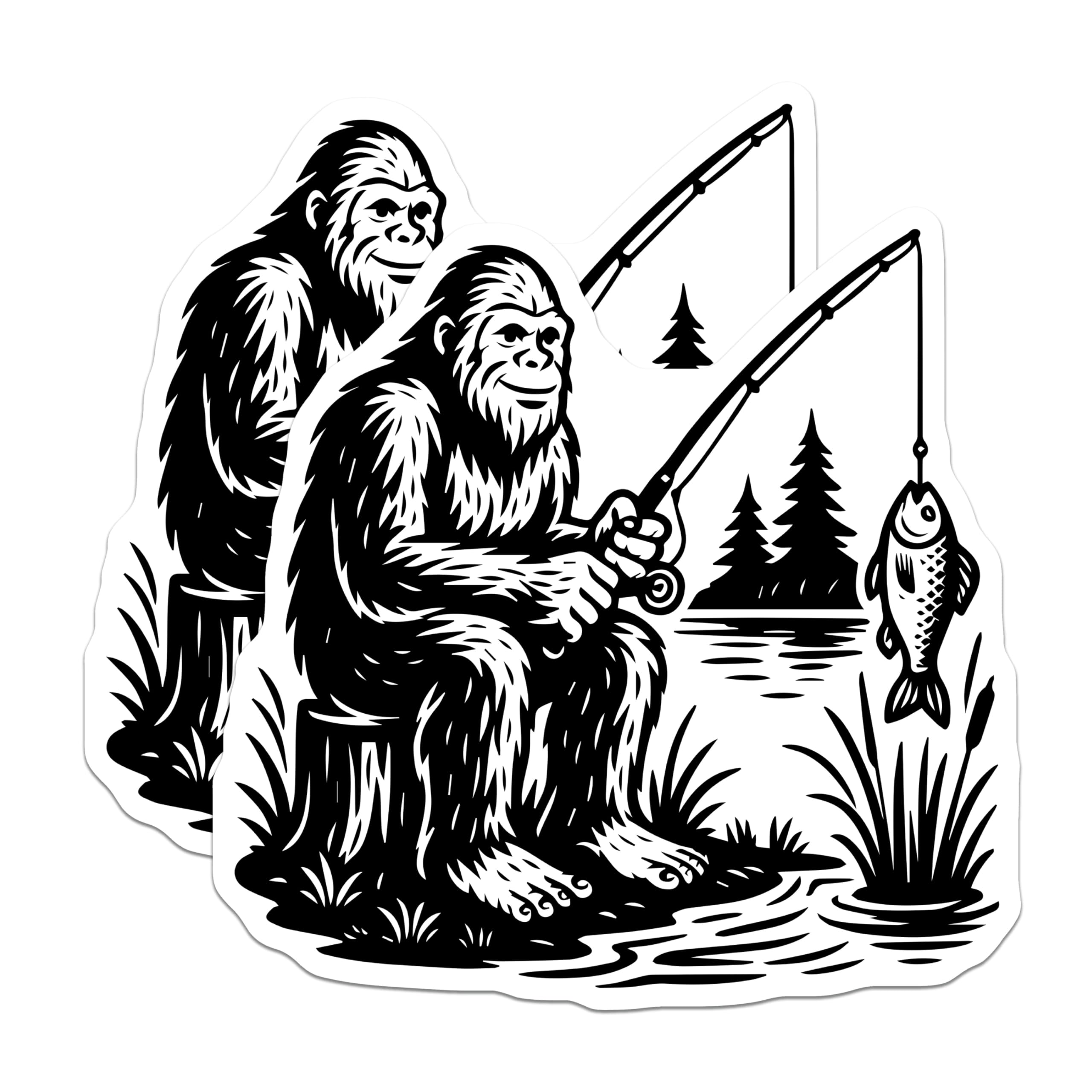 (2 Pack) Bigfoot Fishing Magnets - Sasquatch Catch of The Day - Cryptid Fisherman - 5" On Longest Side - Premium Magnet - for Cars, Refrigerators, Toolboxes, Lockers - Made in USA - MAG16852