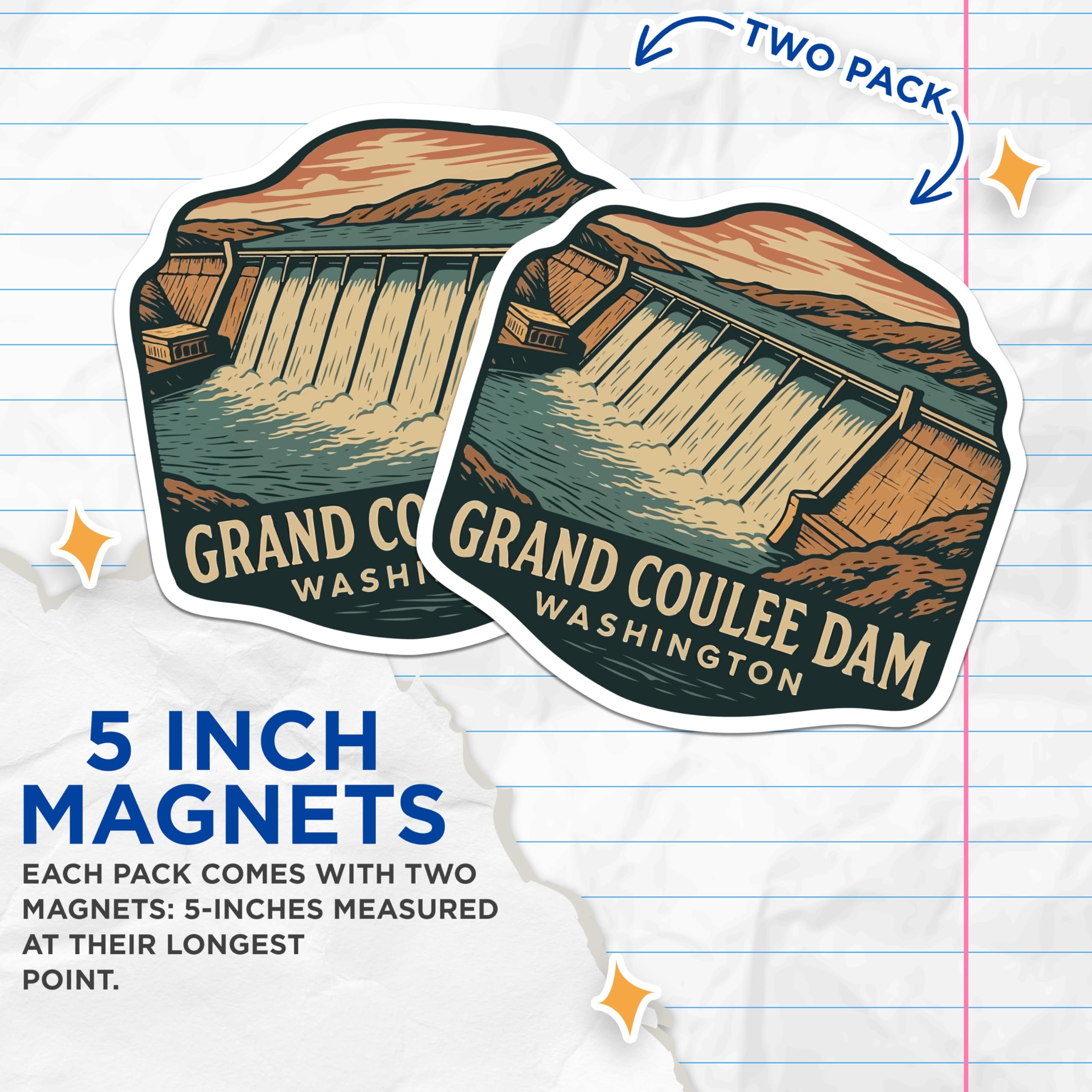 (2 Pack) Grand Coulee Dam Magnets - Washington State Souvenir - Pacific Northwest Landmark Travel Decor - 5 Inches On Longest Side - Thick Durable Magnet - Made in USA - MAG20086