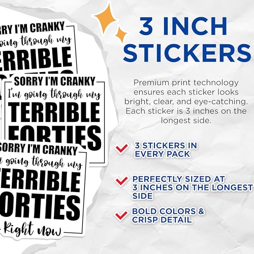 (3 Pack) Terrible Forties Decals - Funny Saying - Cranky Decal - 3 Inches On Longest Side - Easy Peel & Apply - Made in USA - 3MCS4602