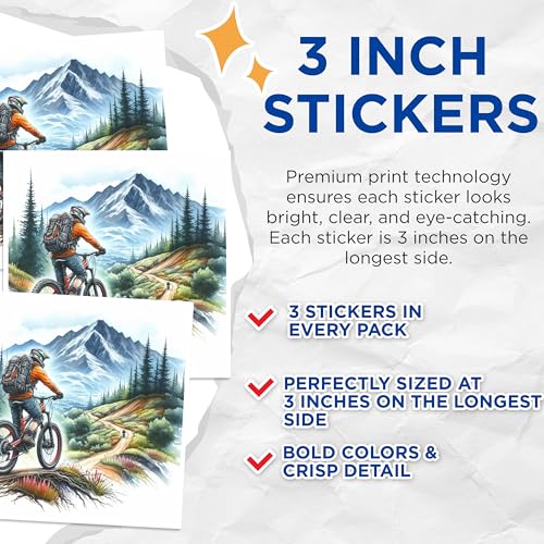 (3 Pack) Mountain Biker Decals - Cycling Adventure Stickers - Outdoor Enthusiast Decals - 3 Inches On Longest Side - Easy Peel & Apply - Made in USA - 3MCS1365