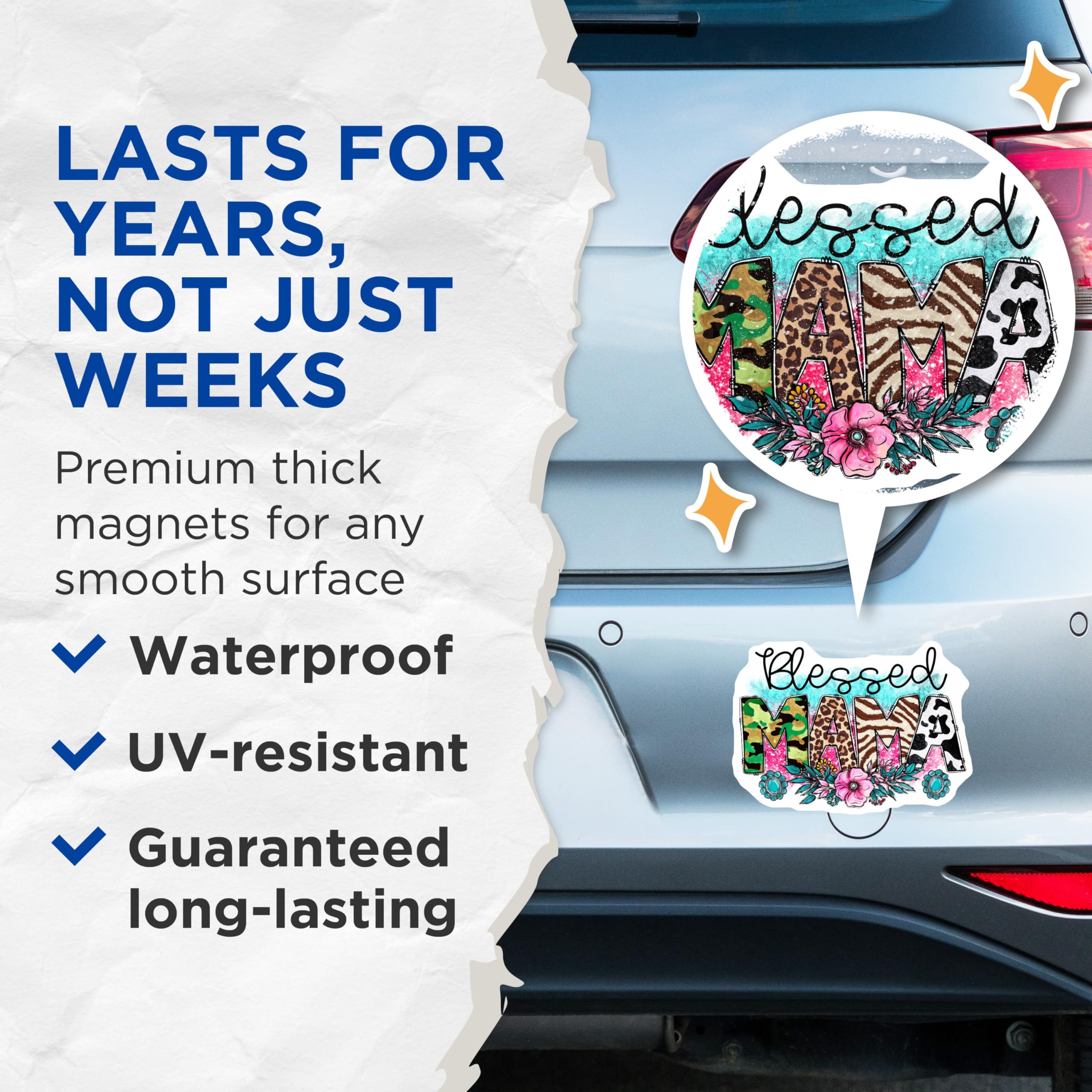 (2 Pack) Blessed Mama Magnets - Animal Print Mom Decor - Western Turquoise Cowgirl Refrigerator Accessory - 5 Inches On Longest Side - Thick Durable Magnet - Made in USA - MAG26313
