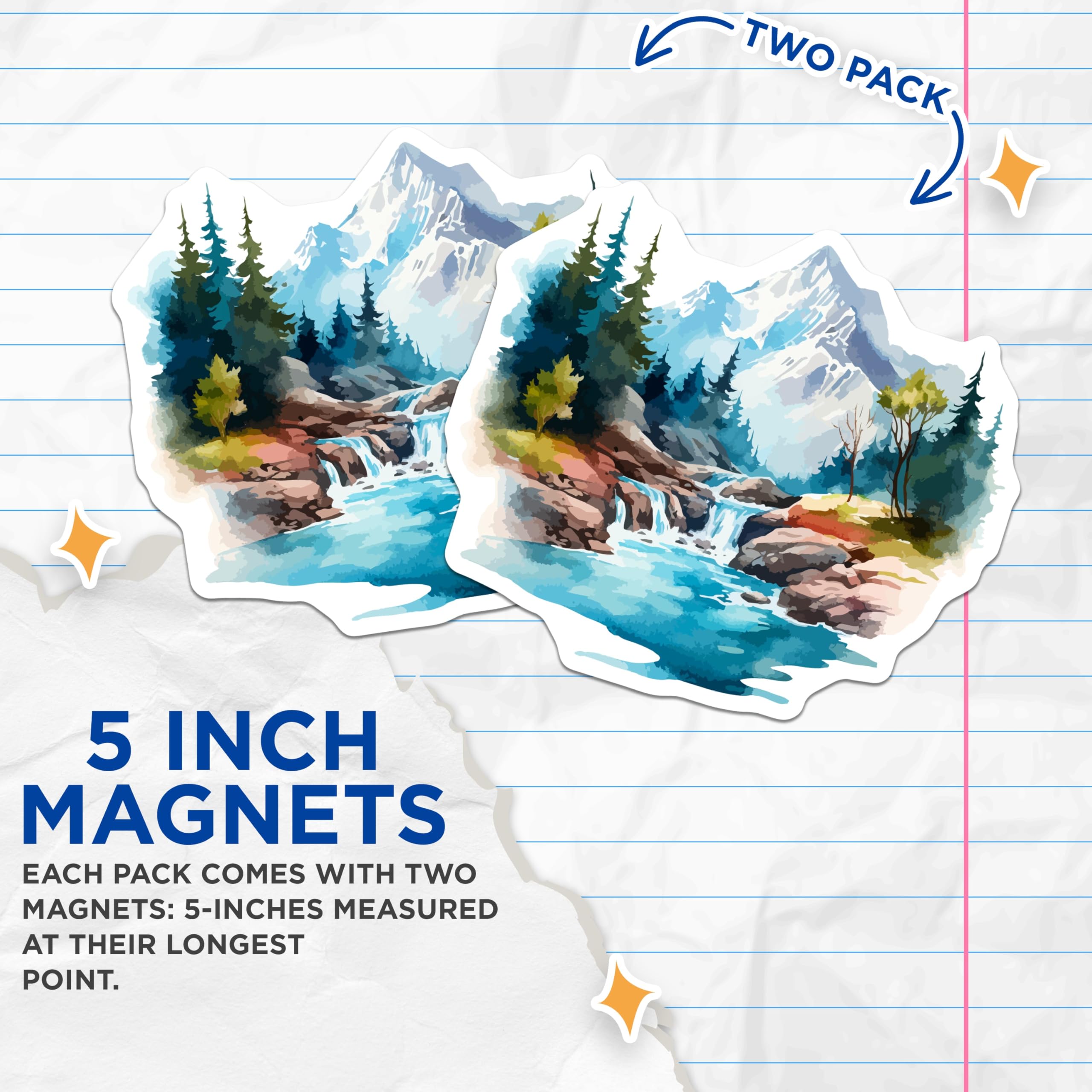 (2 Pack) Mountain Waterfall Magnets - Forest Landscape Decor - Scenic Alpine Art - 5 Inches On Longest Side - Thick Durable Magnet - Made in USA - MAG19674