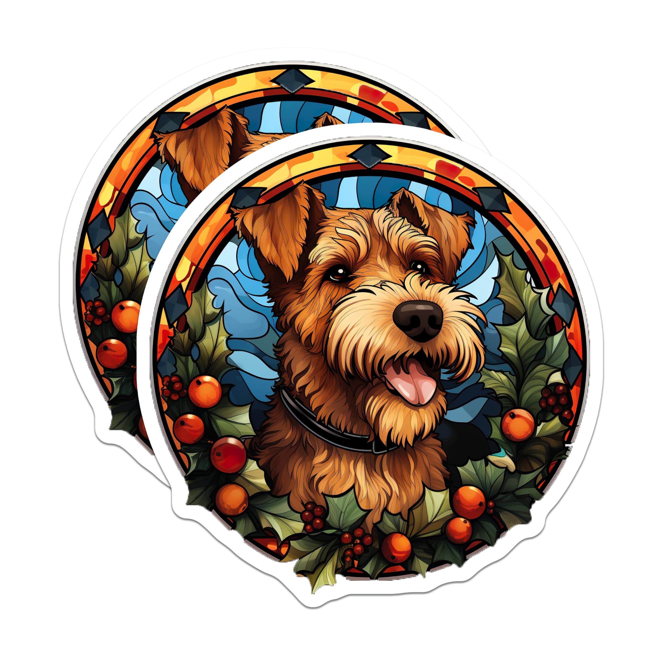 (2 Pack) Christmas Dog Magnets - Stained Glass Style - Terrier Dog Decor - Holiday Pet Lover Fridge Magnets - 5 Inches On Longest Side - Thick Durable Magnet - Made in USA - MAG30529