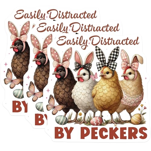 (3 Pack) Chicken Decals - Funny Easter Chickens - Easily Distracted by Peckers - Laptop Decals- 3 Inches On Longest Side - Easy Peel & Apply - Made in USA - 3MCS5863