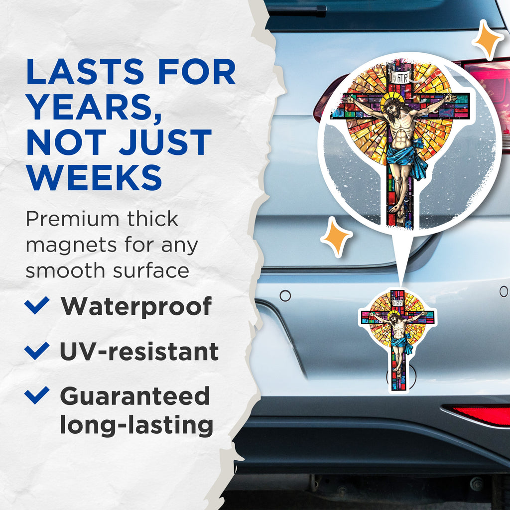 (2 Pack) Stained Glass Jesus Crucifix Magnets - Christian Religious Art - Catholic Faith Decor - Holy Cross Devotion - 5 Inches On Longest Side - Thick Durable Magnet - Made in USA - MAG38628