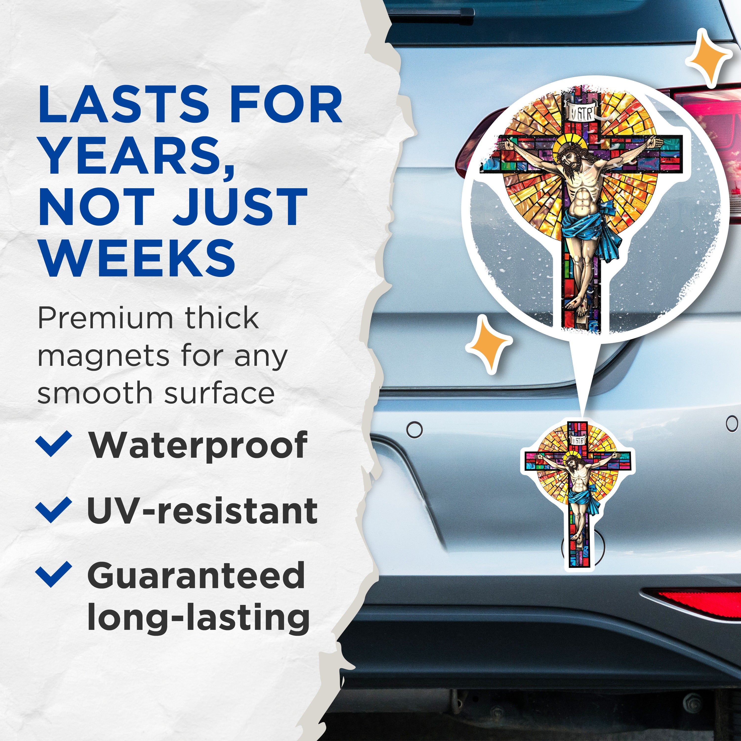 (2 Pack) Stained Glass Jesus Crucifix Magnets - Christian Religious Art - Catholic Faith Decor - Holy Cross Devotion - 5 Inches On Longest Side - Thick Durable Magnet - Made in USA - MAG38628