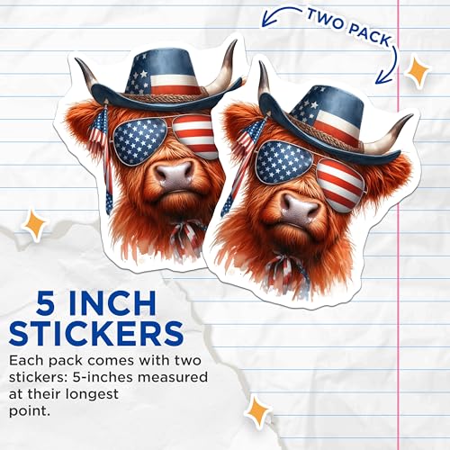 (2 Pack) Patriotic Cow Stickers - American Flag Cow - 4th of July Stickers - Animal Lover Stickers - Cute Cow Stickers - 5" On Longest Side - Sticks to Smooth Flat Surfaces - Made in USA - BMCS6356