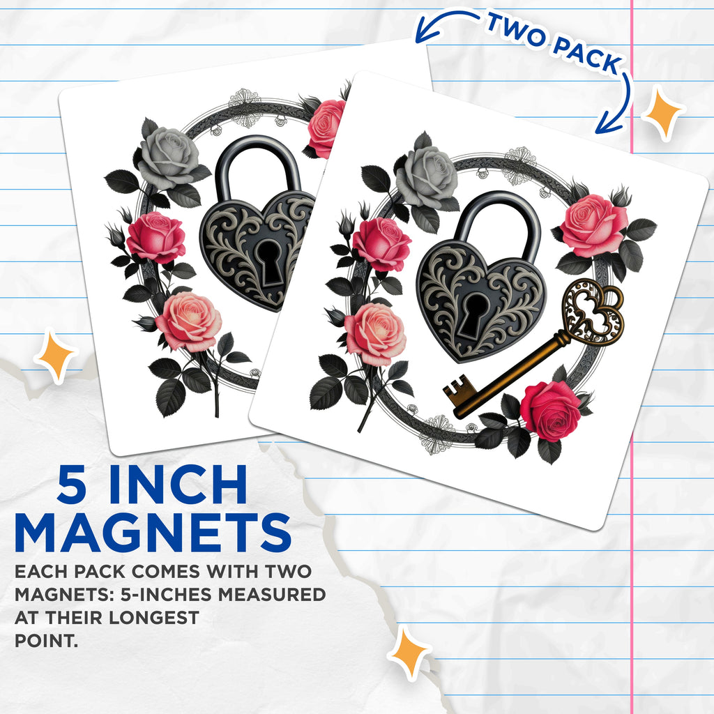 (2 Pack) Dark Romance Rose Magnets - Gothic Heart Lock Key Decor - Victorian Aesthetic Fridge Art - Unique Love Token - 5 Inches On Longest Side - Thick Durable Magnet - Made in USA - MAG37995