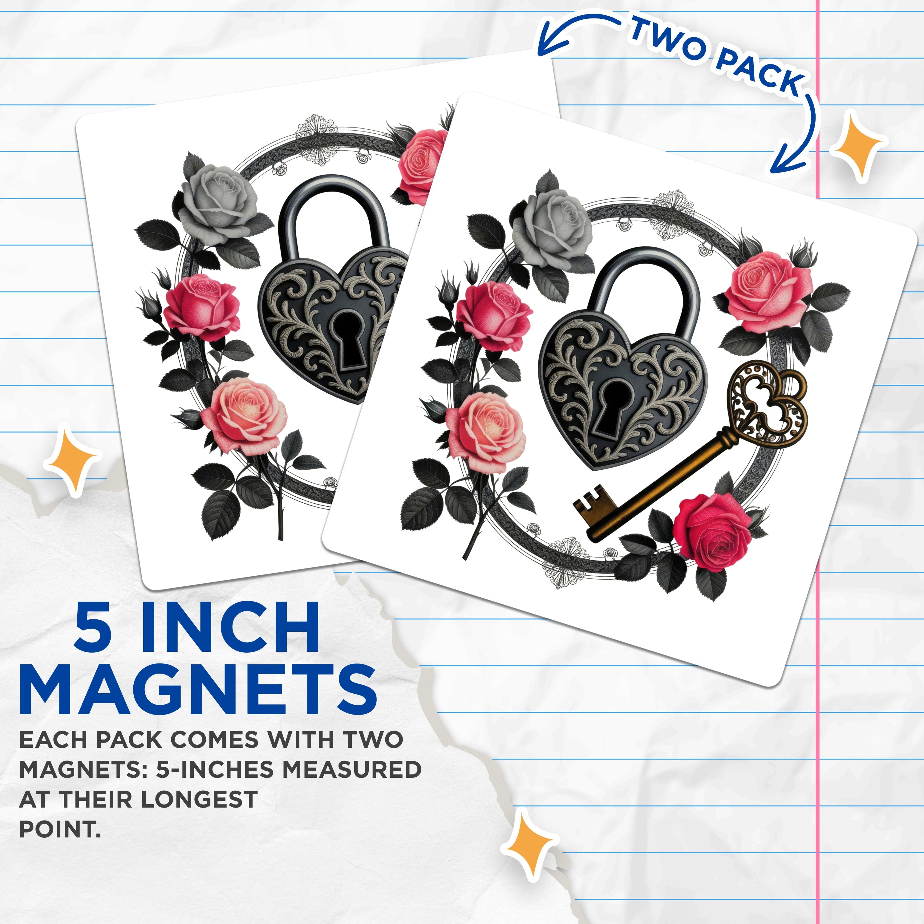 (2 Pack) Dark Romance Rose Magnets - Gothic Heart Lock Key Decor - Victorian Aesthetic Fridge Art - Unique Love Token - 5 Inches On Longest Side - Thick Durable Magnet - Made in USA - MAG37995