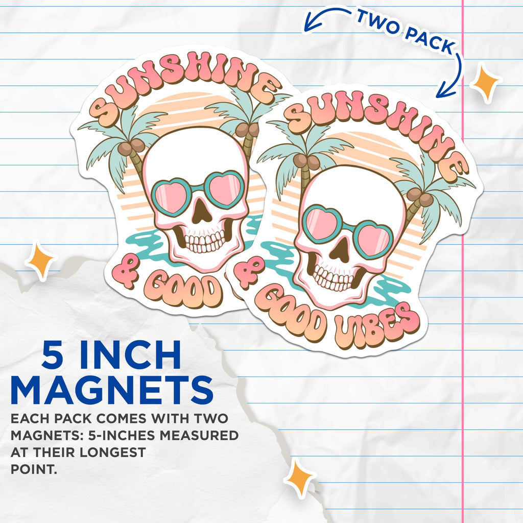 (2 Pack) Sunshine Good Vibes Magnets - Skull Heart Sunglasses - Retro Tropical Beach Decor - 5 Inches On Longest Side - Thick Durable Magnet - Made in USA - MAG19108