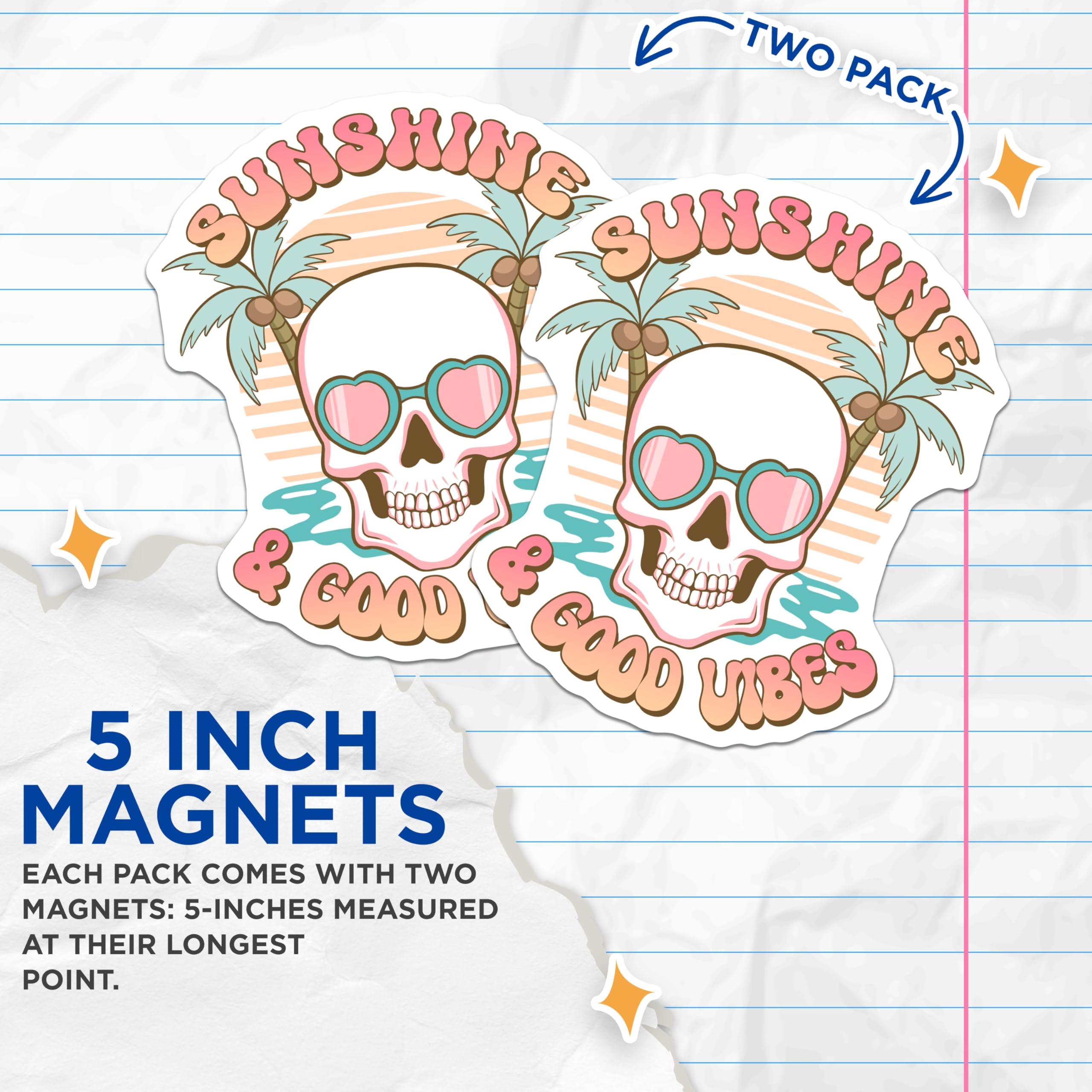 (2 Pack) Sunshine Good Vibes Magnets - Skull Heart Sunglasses - Retro Tropical Beach Decor - 5 Inches On Longest Side - Thick Durable Magnet - Made in USA - MAG19108