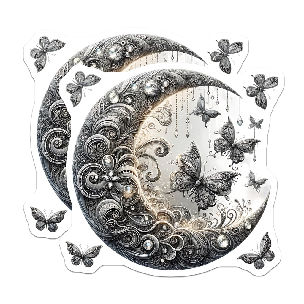 (2 Pack) Butterfly Moon Magnets - Celestial Decor - Silver Butterflies Art - 5" On Longest Side - Premium Magnet - for Cars, Refrigerators, Toolboxes, Lockers - Made in USA - MAG14274