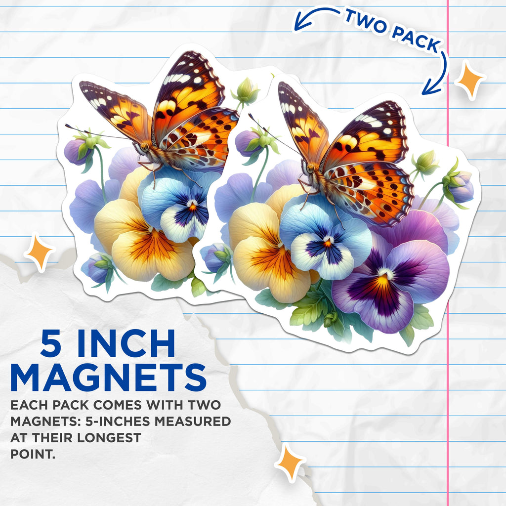 (2 Pack) Butterfly Pansy Magnets - Garden Floral Decor - Spring Summer Kitchen Accent - 5 Inches On Longest Side - Thick Durable Magnet - Made in USA - MAG38788