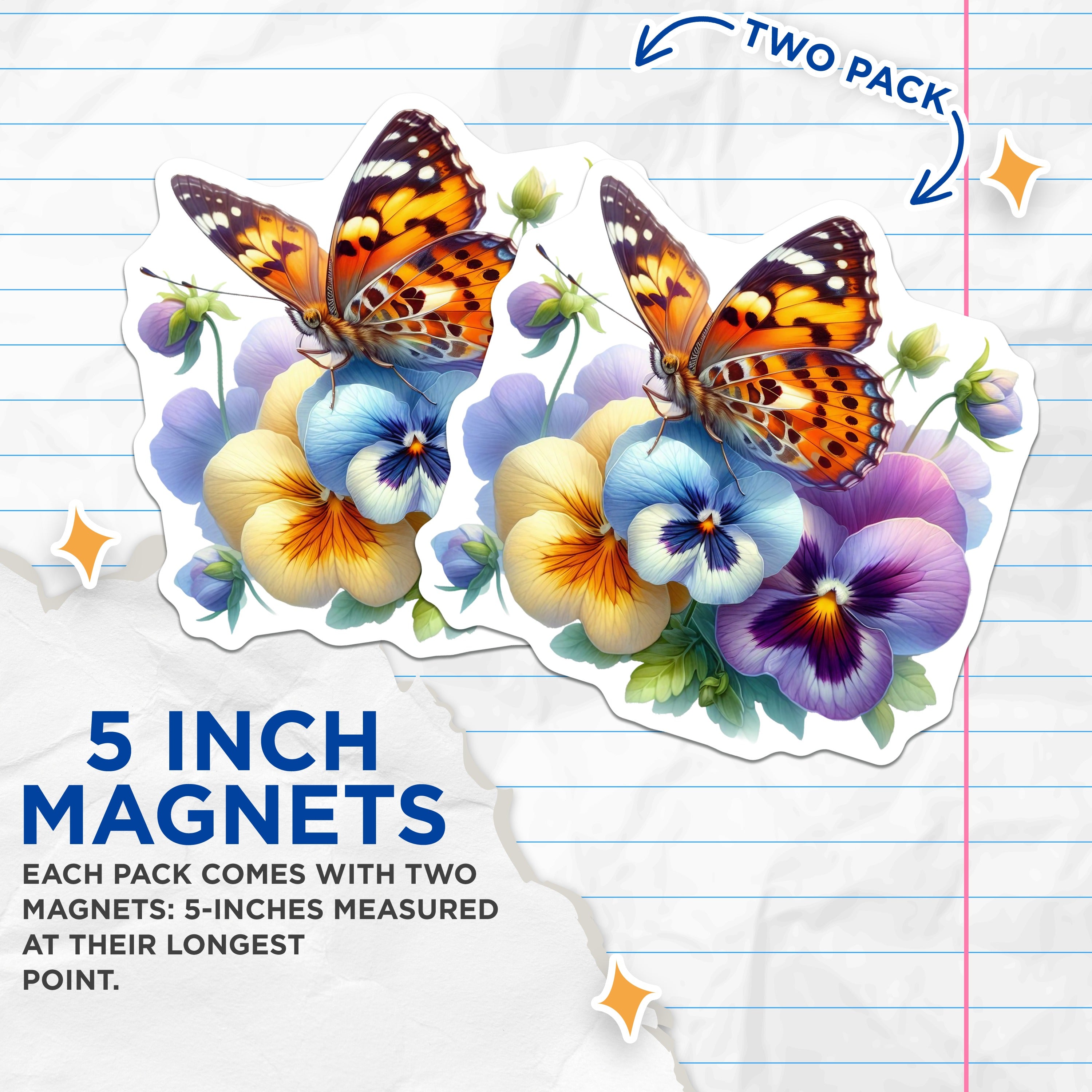 (2 Pack) Butterfly Pansy Magnets - Garden Floral Decor - Spring Summer Kitchen Accent - 5 Inches On Longest Side - Thick Durable Magnet - Made in USA - MAG38788