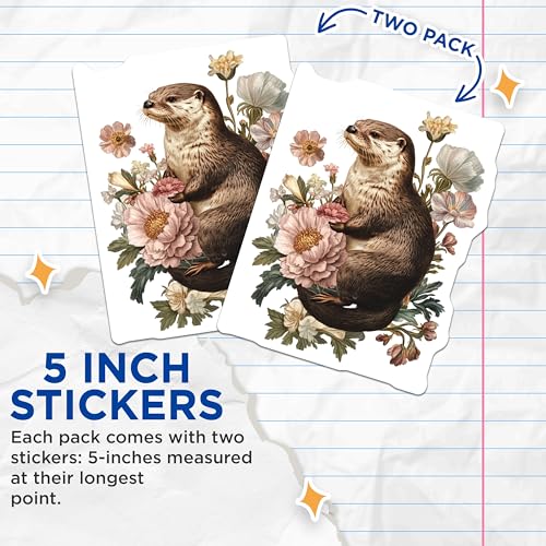 (2 Pack) Cute Otter Animal Stickers - Floral Otter Art Stickers - Nature Inspired Stickers - 5" On Longest Side - Sticks to Any Smooth Flat Surface - Made in USA - BMCS3508