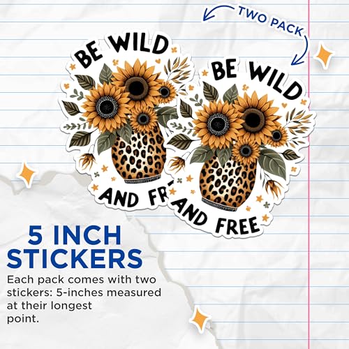 (2 Pack) Be Wild and Free Stickers - Sunflower Stickers - Leopard Print Vase Stickers - 5" On Longest Side - Sticks to Any Smooth Flat Surface - Made in USA - BMCS2909