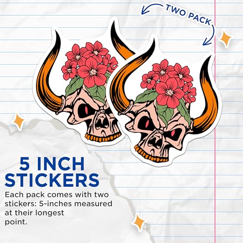 (2 Pack) Skull with Flowers Stickers - Unique Skull Art - Red Flower Skull Design - 5" On Longest Side - Sticks to Smooth Flat Surfaces - Made in USA - BMCS5532