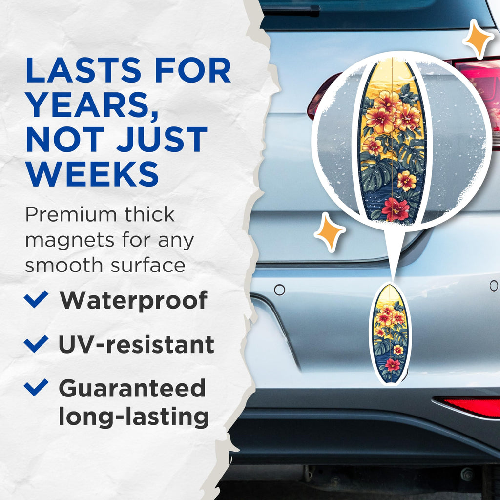 (2 Pack) Surfboard Magnets - Tropical Floral Decor - Hawaiian Beach Vibes - 5 Inches On Longest Side - Thick Durable Magnet - Made in USA - MAG28408