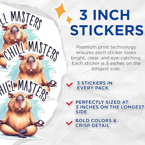 (3 Pack) Capybara Decals - Chill Masters Animal Sticker - Yoga Rodent Laptop Decal - 3 Inches On Longest Side - Easy Peel & Apply - Made in USA - 3MCS1485