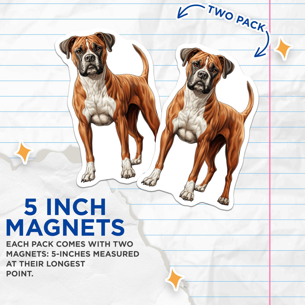 (2 Pack) Boxer Dog Magnets - Lifelike Brindle Fawn Canine Artwork - Pet Owner Refrigerator Locker Decor Accent - 5 Inches On Longest Side - Thick Durable Magnet - Made in USA - MAG24957