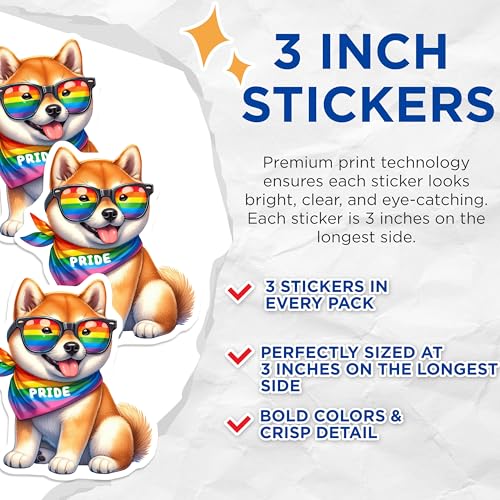 (3 Pack) Shiba Inu Decals - Pride Dog Stickers - Laptop Decals- 3 Inches On Longest Side - Easy Peel & Apply - Made in USA - 3MCS5629