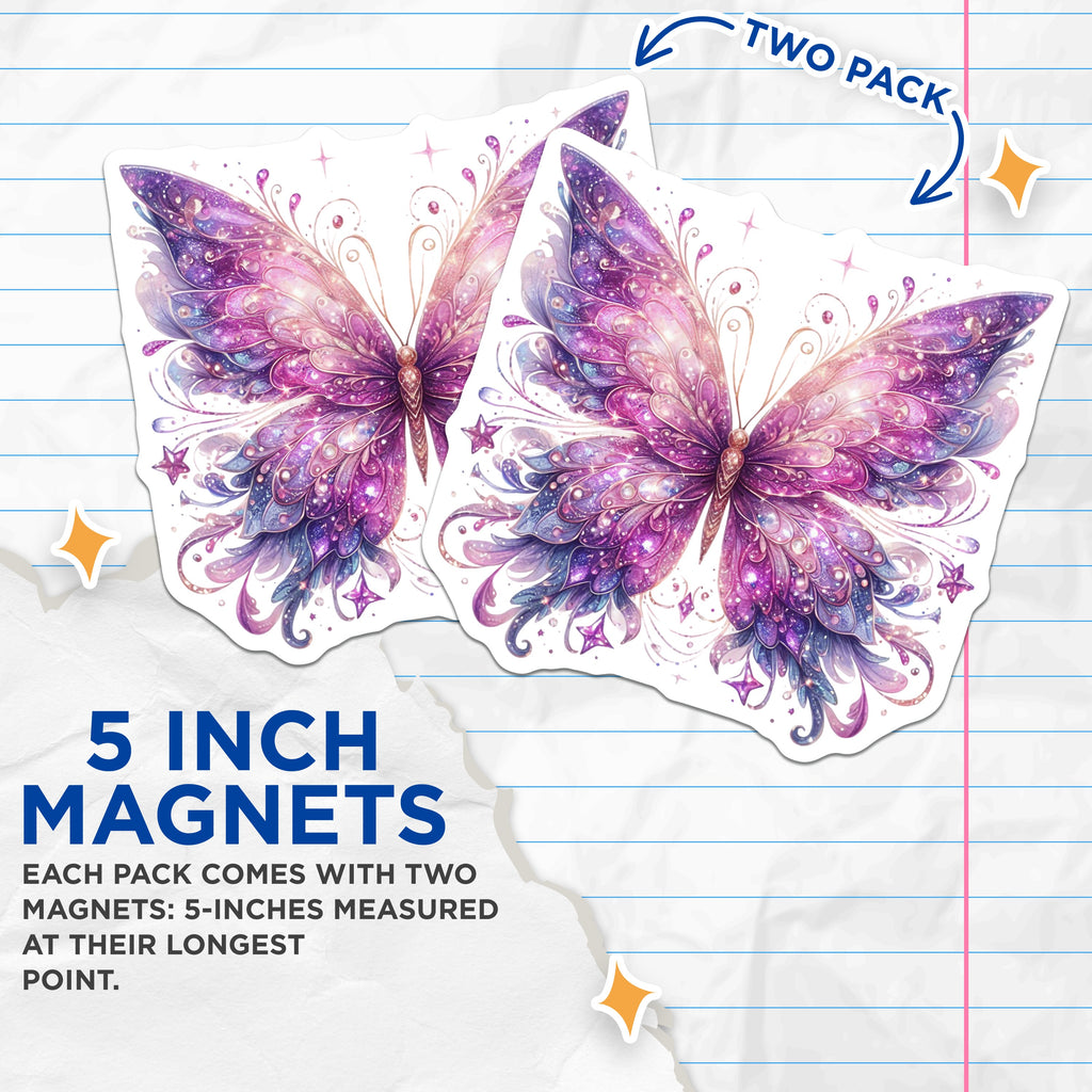 (2 Pack) Sparkling Butterfly Magnets - Fairycore Decor - Whimsical Fridge Accessory - 5 Inches On Longest Side - Thick Durable Magnet - Made in USA - MAG38089