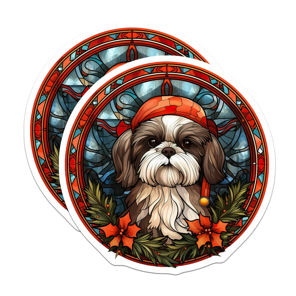 (2 Pack) Shih Tzu Christmas Magnets - Stained Glass Dog Art - Holiday Pet Decor - 5 Inches On Longest Side - Thick Durable Magnet - Made in USA - MAG28459