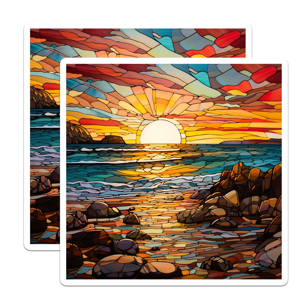 (2 Pack) Stained Glass Sunset Magnets - Ocean Beach Decor - Coastal Landscape Art - Refrigerator Accessory - 5 Inches On Longest Side - Thick Durable Magnet - Made in USA - MAG27567