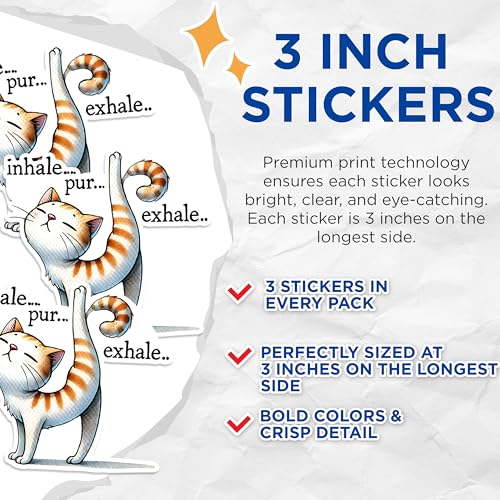 (3 Pack) Yoga Cat Decals - Inhale Exhale Purr - Funny Kitty Laptop Decal - 3 Inches On Longest Side - Easy Peel & Apply - Made in USA - 3MCS1302