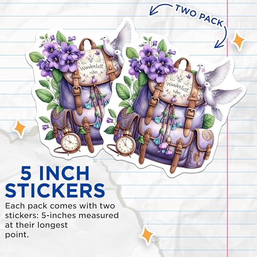 (2 Pack) Wanderlust Vibes Stickers - Travel Adventure - Backpack and Birds - 5" On Longest Side - Sticks to Smooth Flat Surfaces - Made in USA - BMCS8852