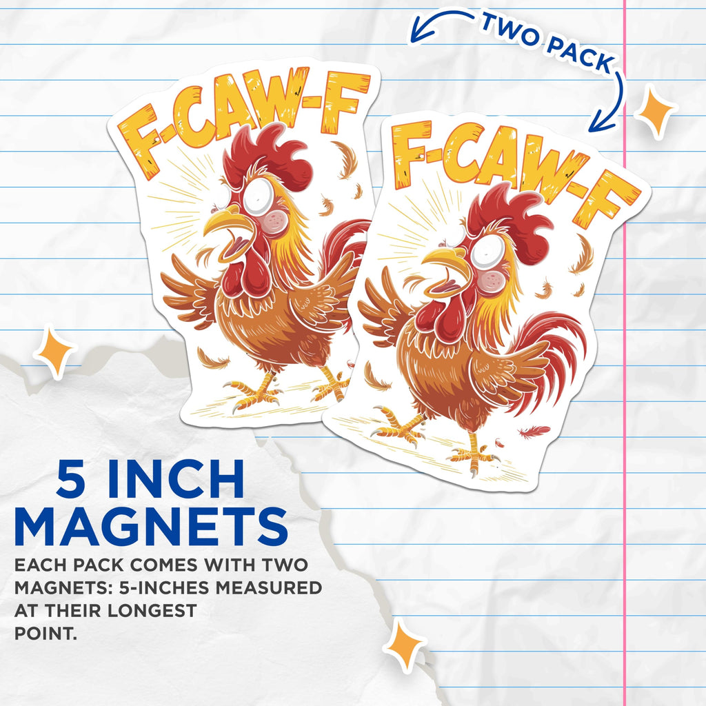 (2 Pack) F-CAW-F Chicken Magnets - Funny Rooster Art - Quirky Magnet Decorations - 5" On Longest Side - Premium Magnet - for Cars, Refrigerators, Toolboxes, Lockers - Made in USA - MAG15143